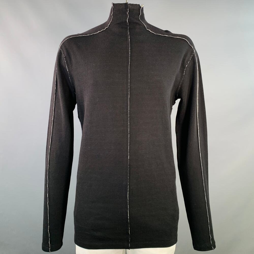 THOM KROM Black White Cotton Blend Raw Edge Reverse Seam Turtleneck Pullover